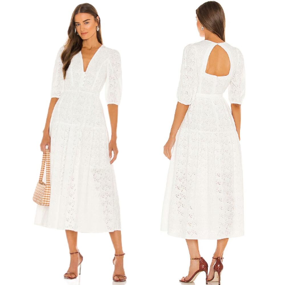 NICHOLAS Celie White Featherington Eyelet Open Back Midi Dress Sz 10 US Revolve